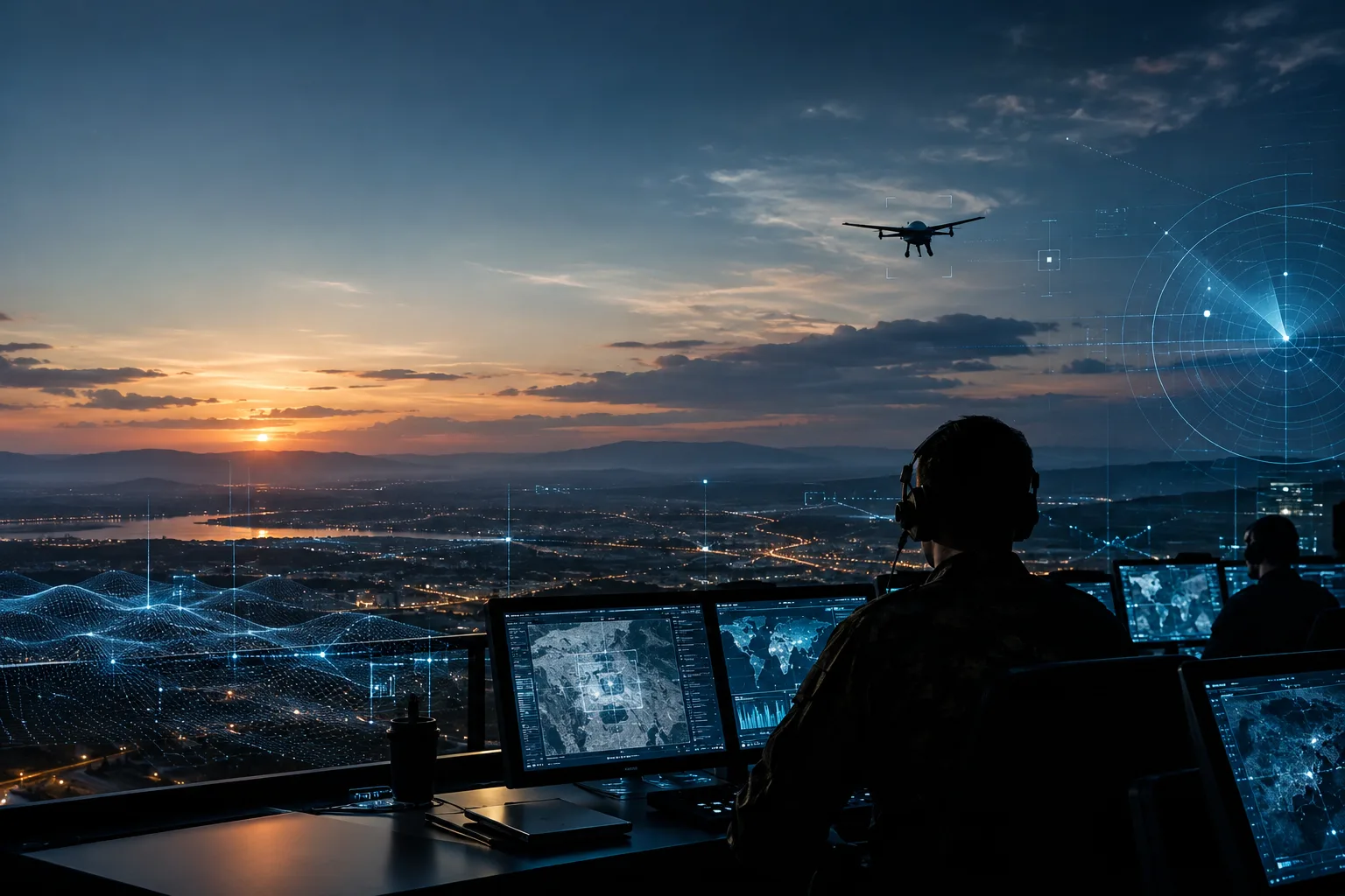 Futuristic Command Center at Sunset